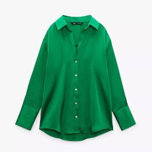 Zara Green SATIN Button-Up Shirt
